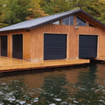 Lakeside boathouse surrounded by trees